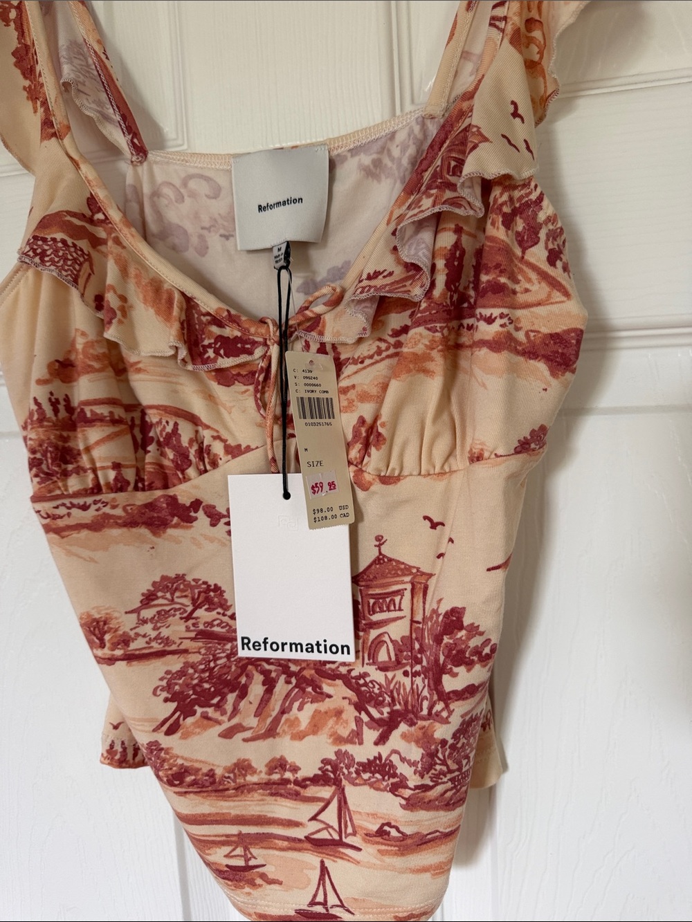 Reformation Cream & Rust Toile Ruffle Strap top - Picture 2 of 2